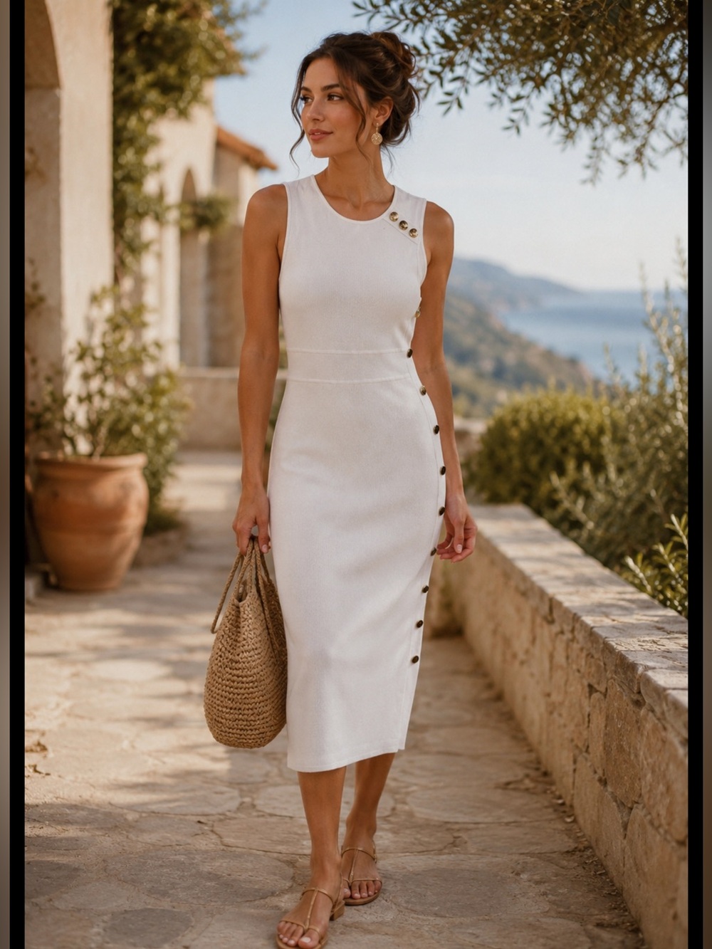 New York & Company White Knit Midi Dress Size Small Gold Button Elegant Casual - Picture 3 of 15